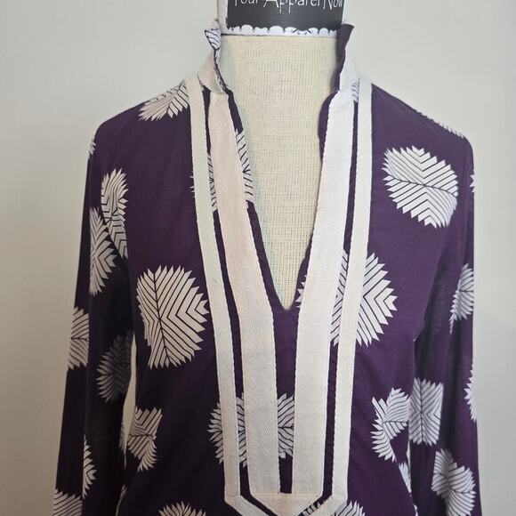 TORY BURCH Purple & White Long Sleeve V-Neck Tunic Sz 2 (721) - Picture 2 of 13